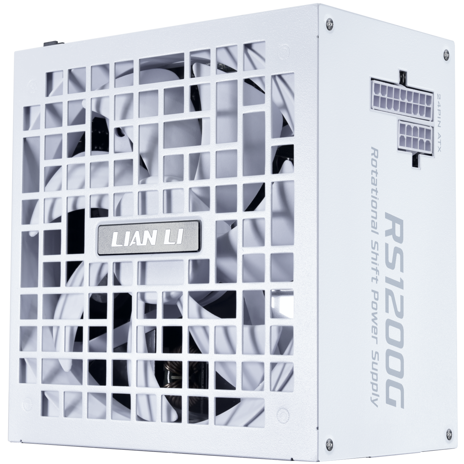 A large main feature product image of Lian Li RS 1200W Gold PCIe 5.1 ATX 3.1 Rotational Shift Modular PSU w/ USB Hub (White)