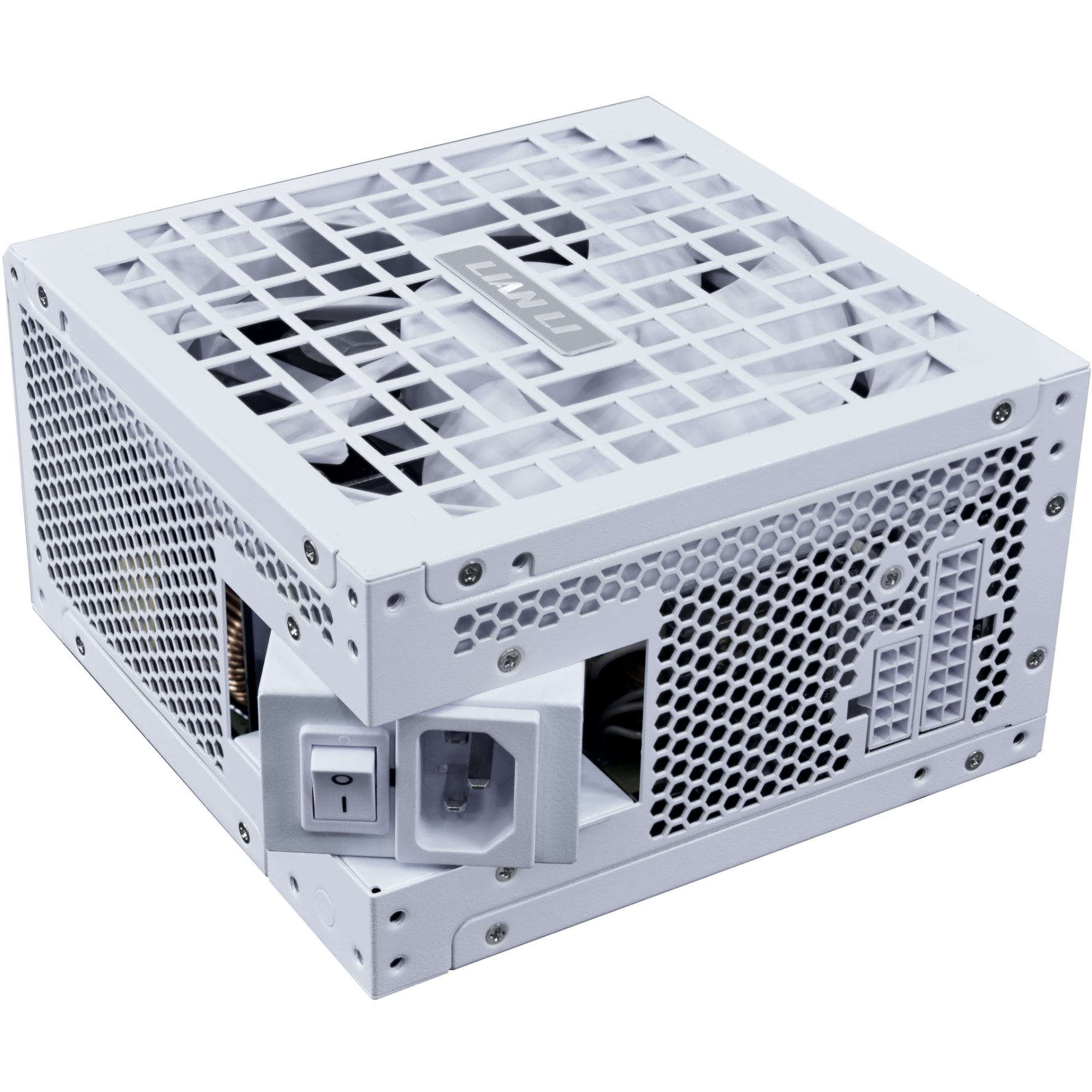 A large main feature product image of Lian Li RS 1200W Gold PCIe 5.1 ATX 3.1 Rotational Shift Modular PSU w/ USB Hub (White)