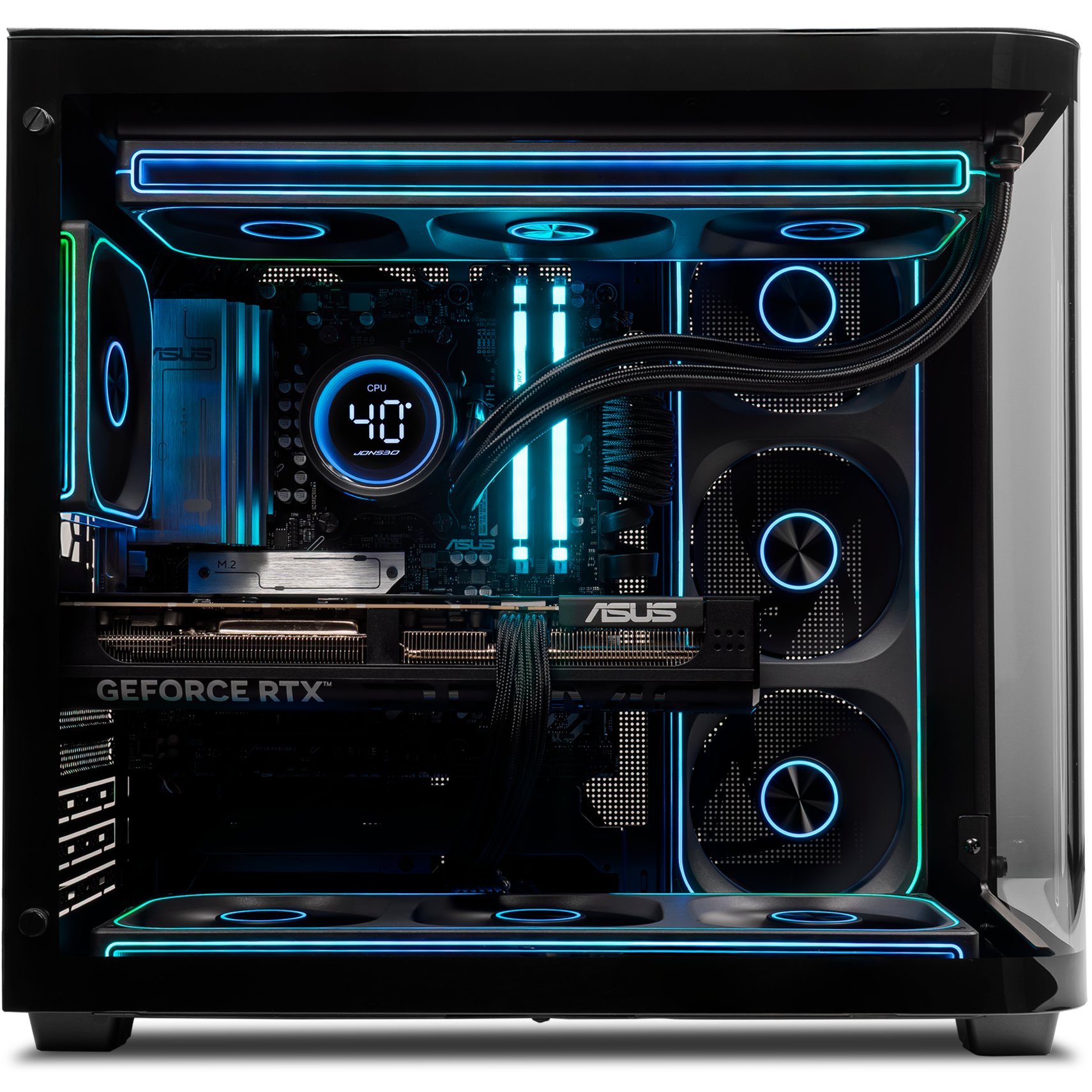 A large main feature product image of PLE Avatar RTX 5080 Prebuilt Ready To Go Gaming PC