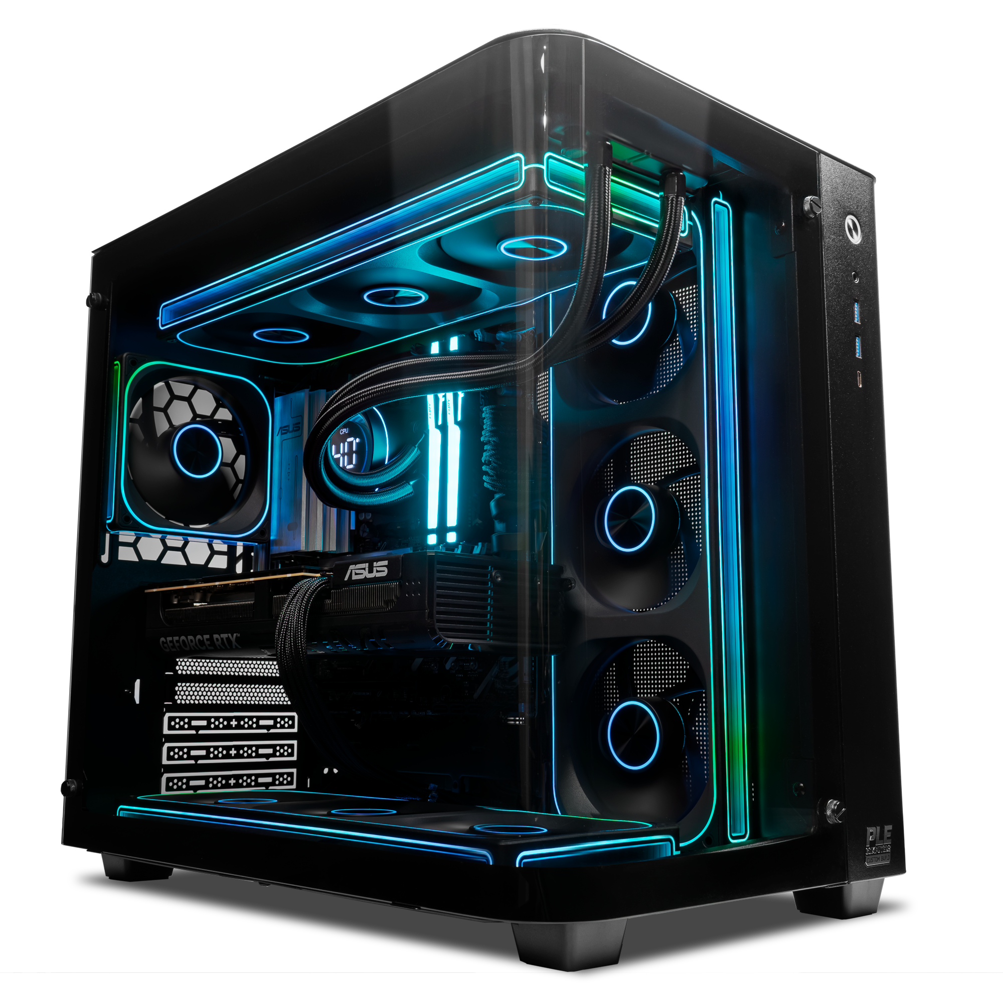 A large main feature product image of PLE Avatar RTX 5080 Prebuilt Ready To Go Gaming PC