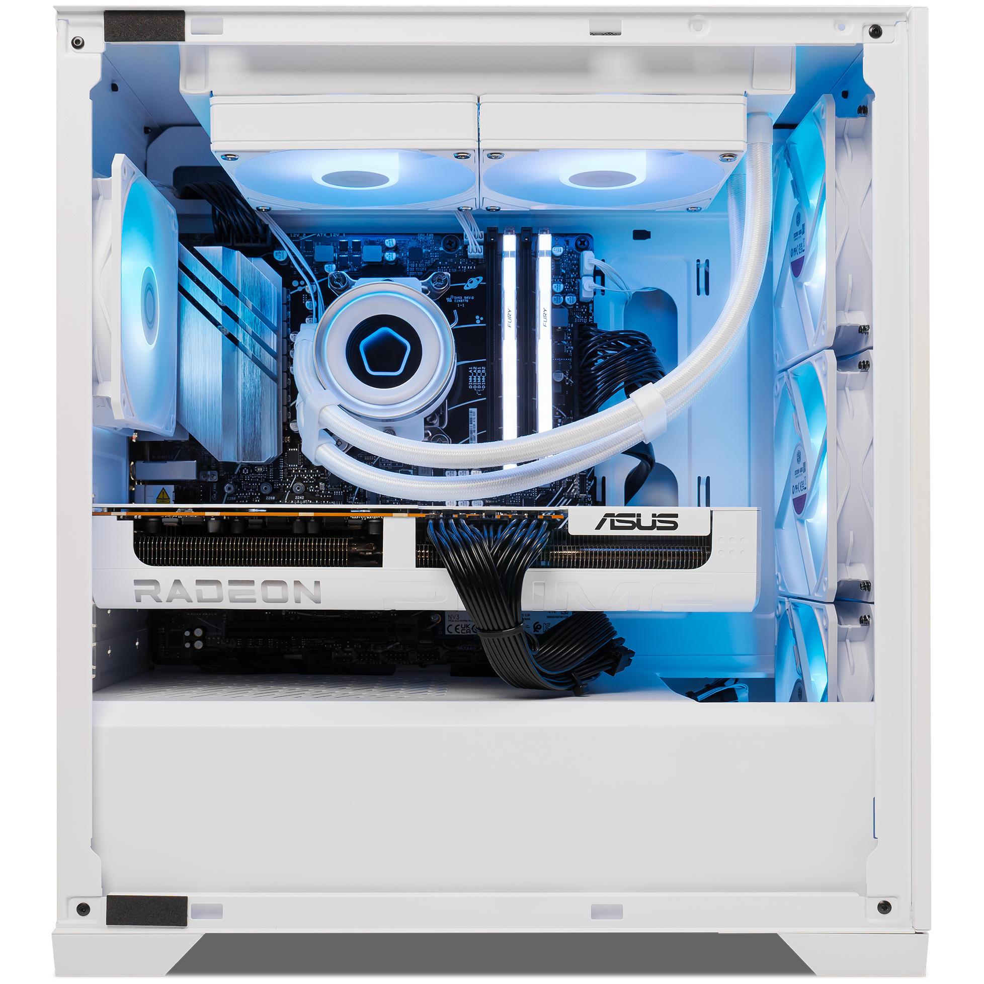 A large main feature product image of PLE Storm RX 9070 XT Prebuilt Ready To Go Gaming PC
