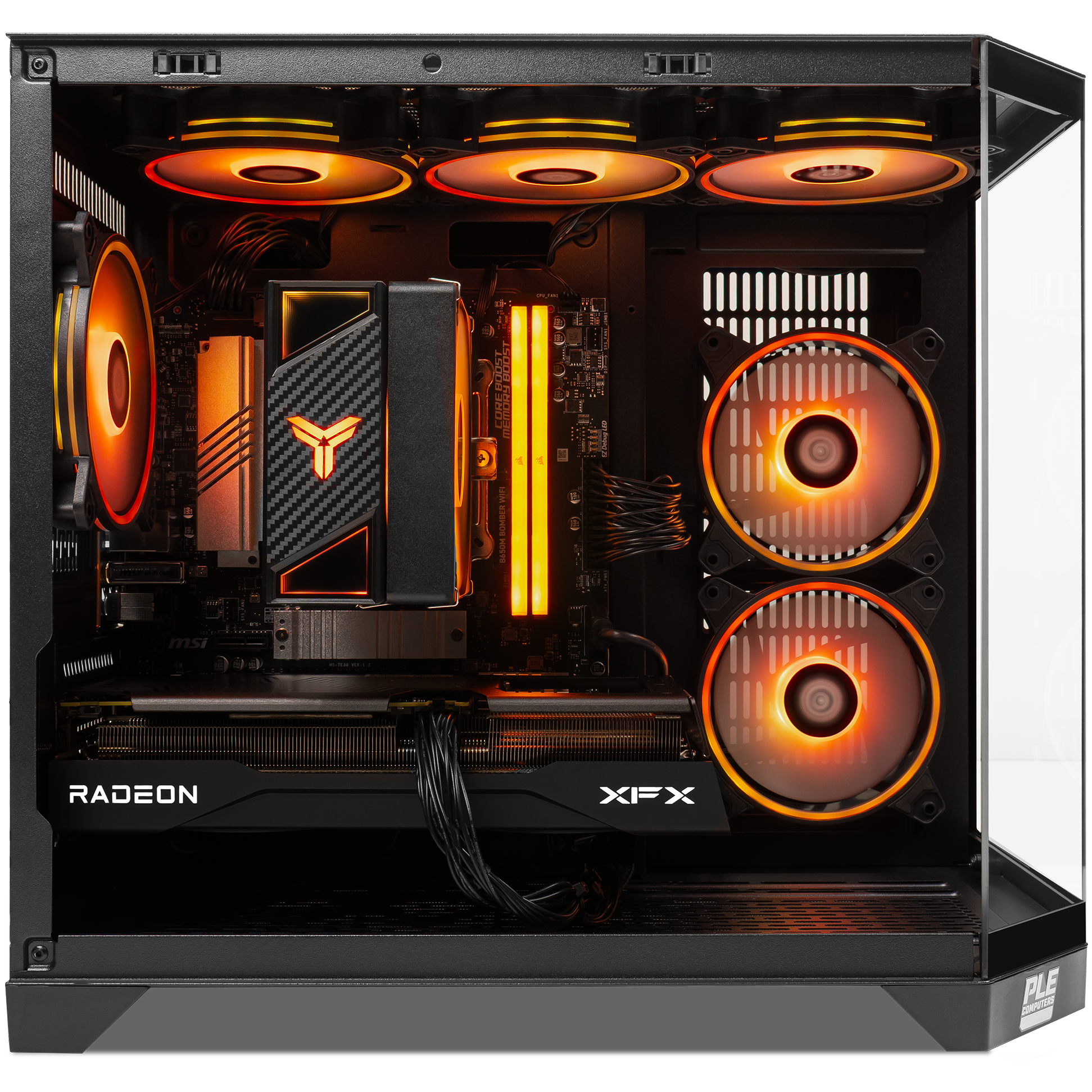 A large main feature product image of PLE Ember RX 9060 XT Prebuilt Ready To Go Gaming PC