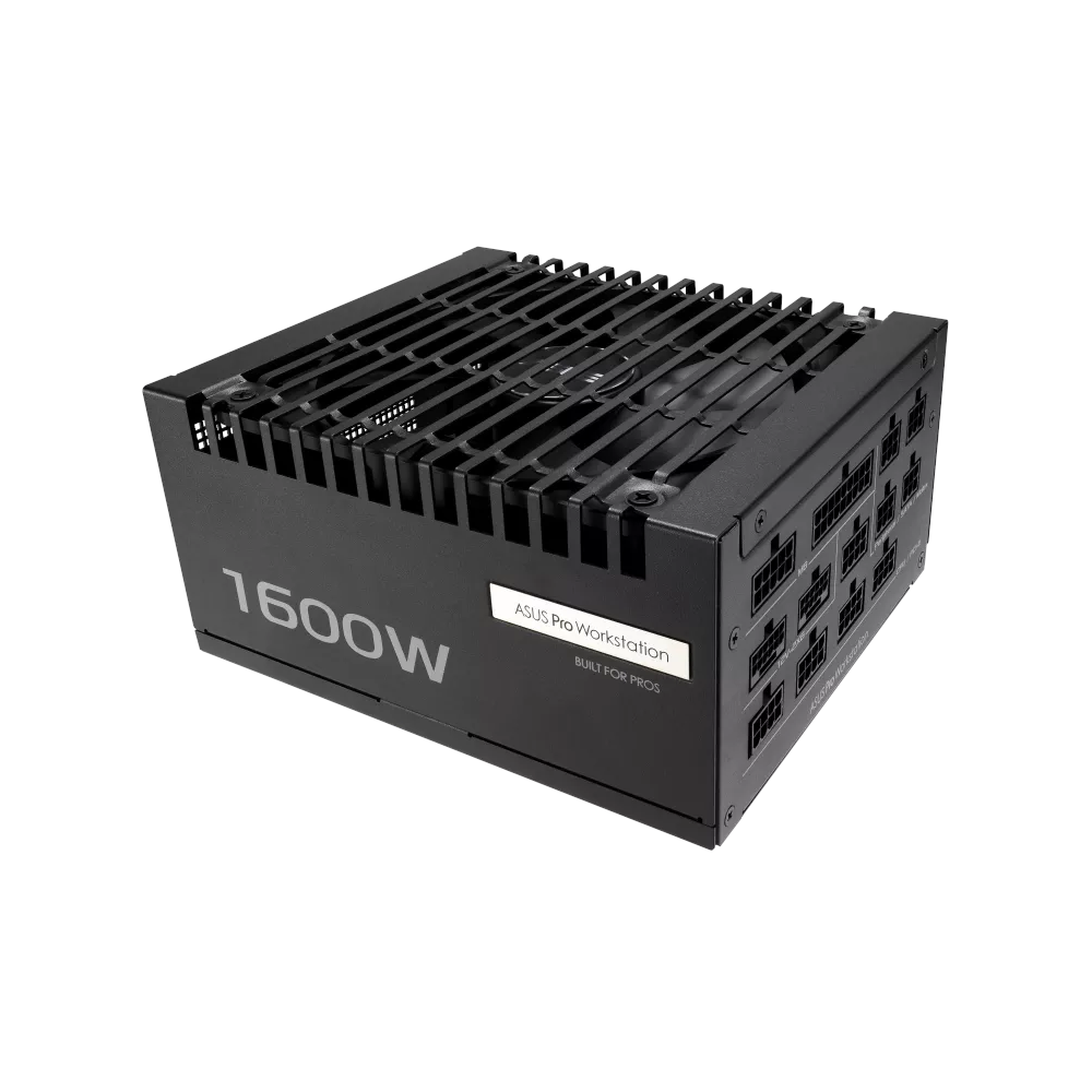 A large main feature product image of ASUS Pro WS 1600W Platinum PCIe 5.0 ATX Modular PSU