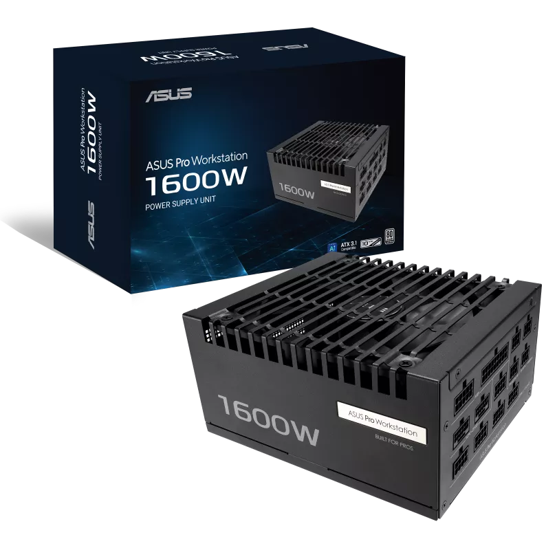 A large main feature product image of ASUS Pro WS 1600W Platinum PCIe 5.0 ATX  Modular PSU