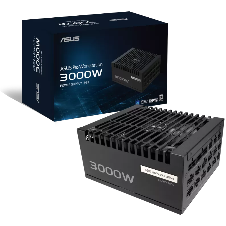 A large main feature product image of ASUS Pro WS 3000W Platinum PCIe 5.0 ATX Modular PSU