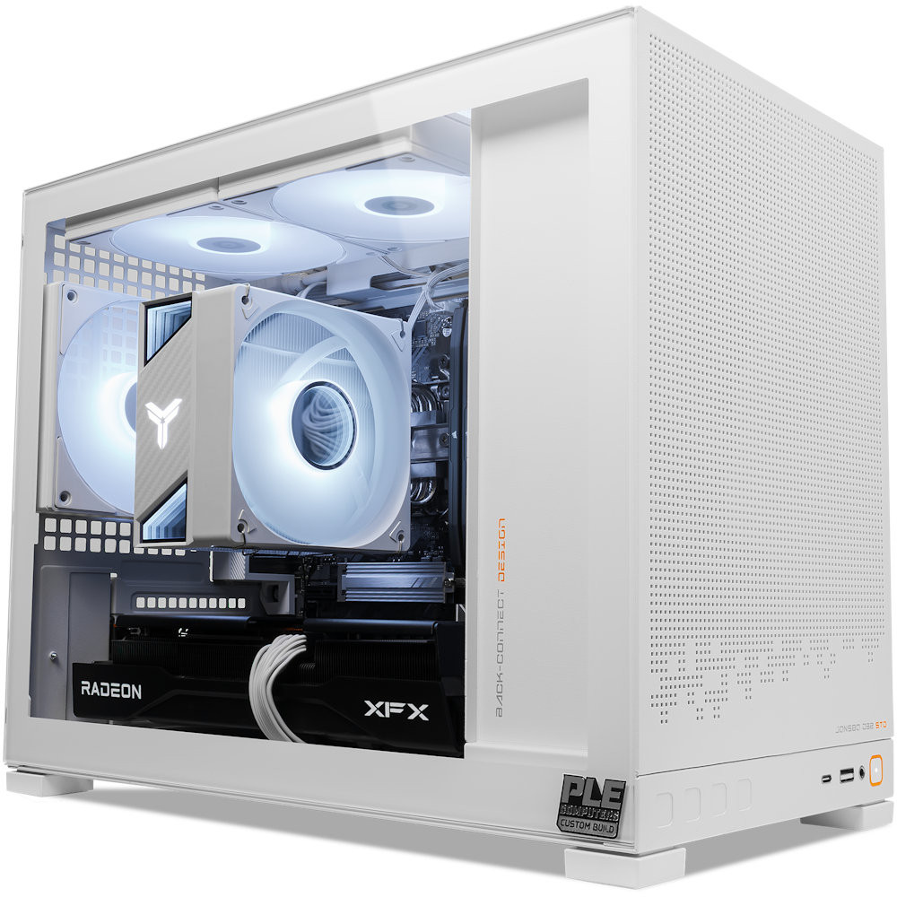 A large main feature product image of PLE Ace RX 9060 XT Prebuilt Ready To Go Gaming PC