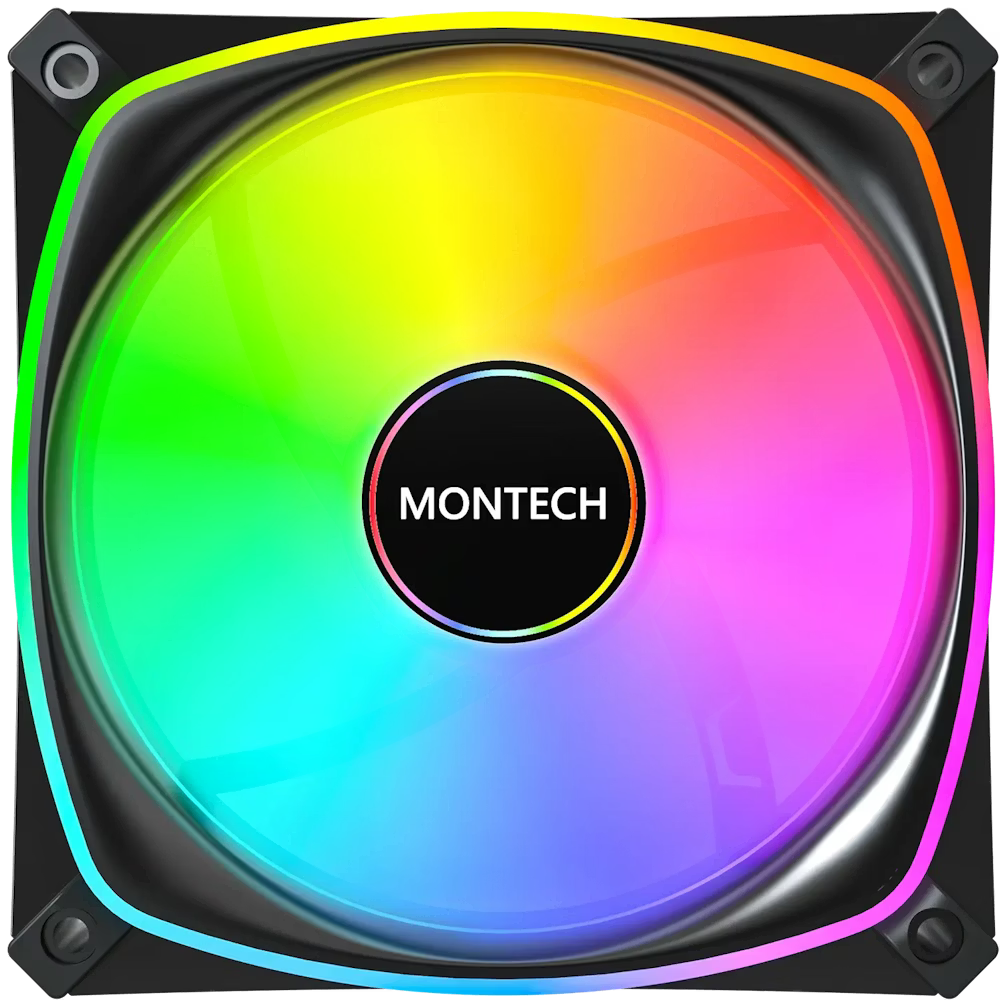 A large main feature product image of Montech RX120 PRO 120mm ARGB PWM Reverse Blade Fan (Black)