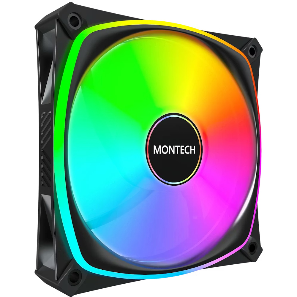 A large main feature product image of Montech RX120 PRO 120mm ARGB PWM Reverse Blade Fan (Black)