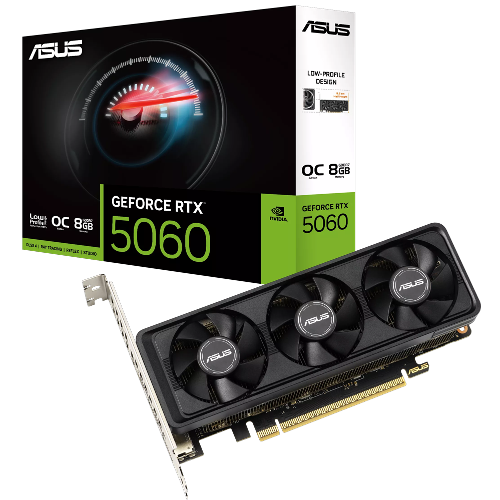 A large main feature product image of ASUS GeForce RTX 5060 LP-BRK OC 8GB GDDR7