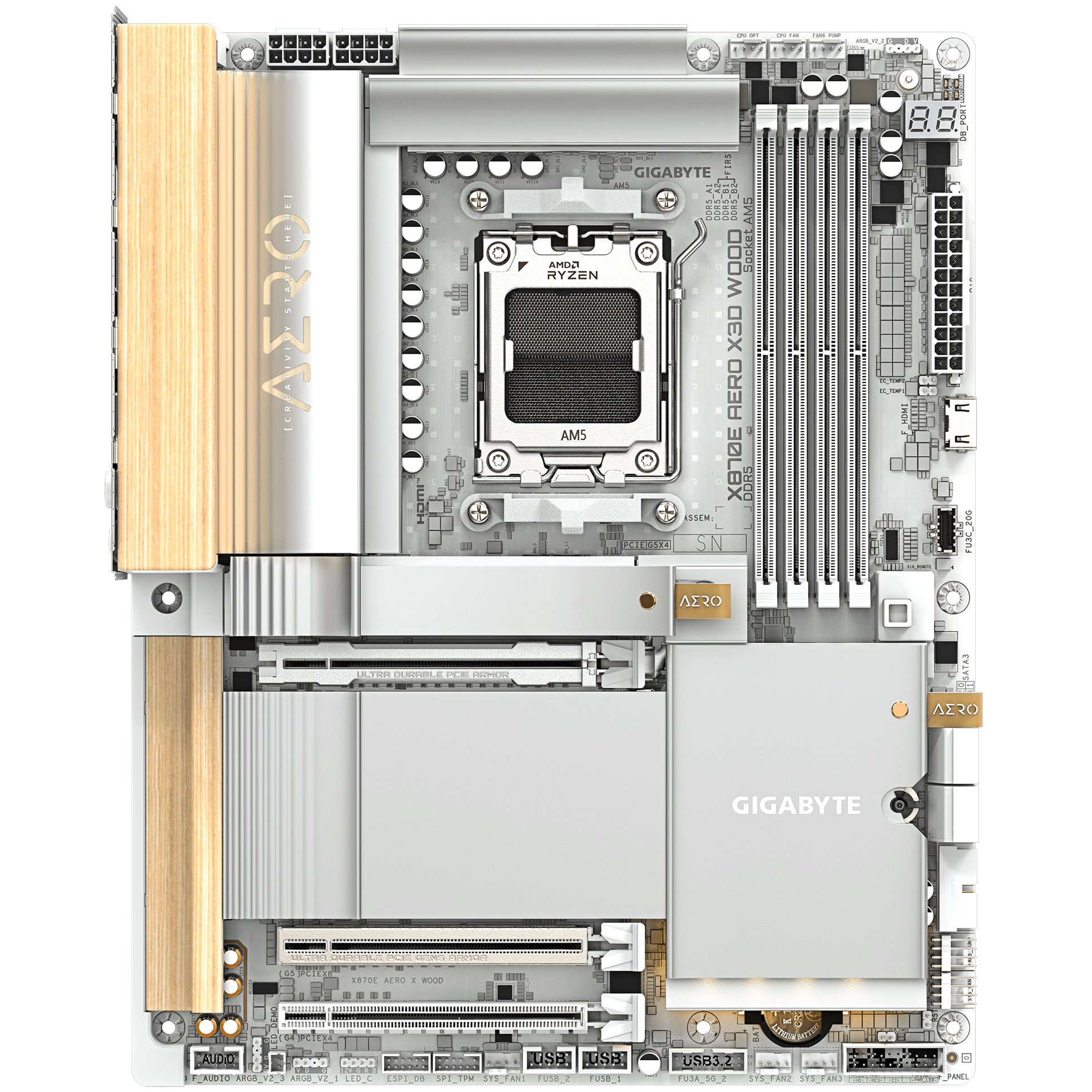 A large main feature product image of Gigabyte X870E Aero X3D Wood AM5 ATX Desktop Motherboard