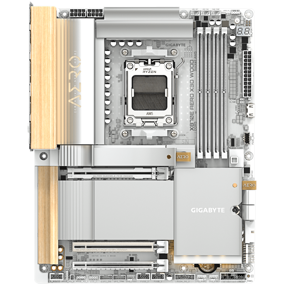 A large main feature product image of Gigabyte X870E Aero X3D Wood AM5 ATX Desktop Motherboard