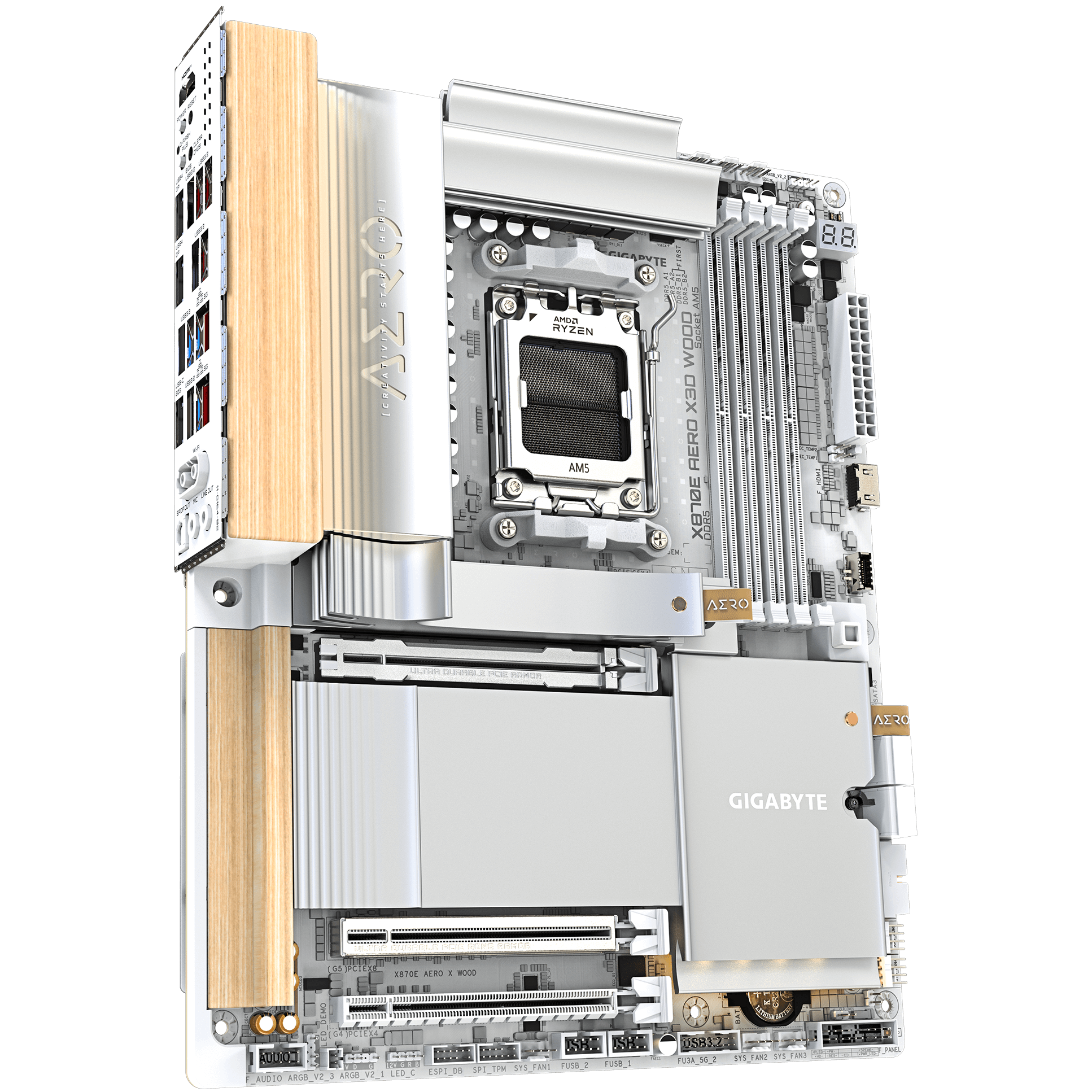 A large main feature product image of Gigabyte X870E Aero X3D Wood AM5 ATX Desktop Motherboard