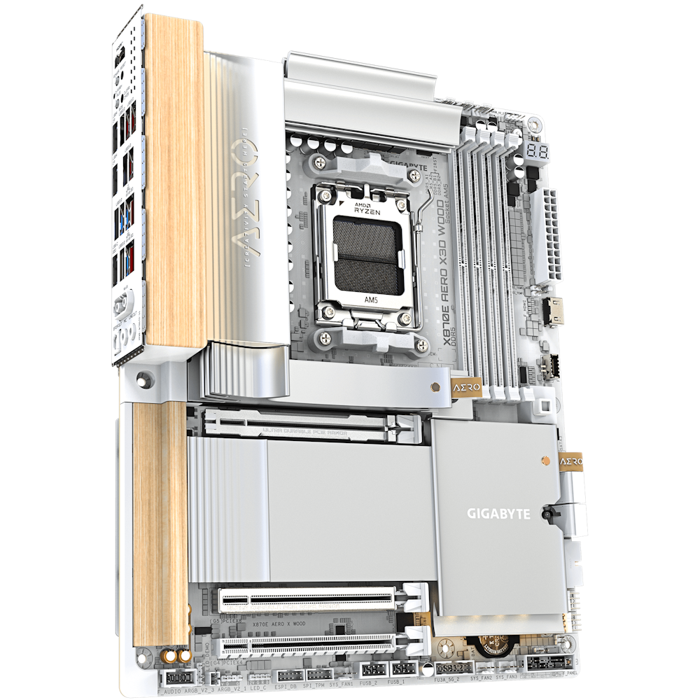 A large main feature product image of Gigabyte X870E Aero X3D Wood AM5 ATX Desktop Motherboard