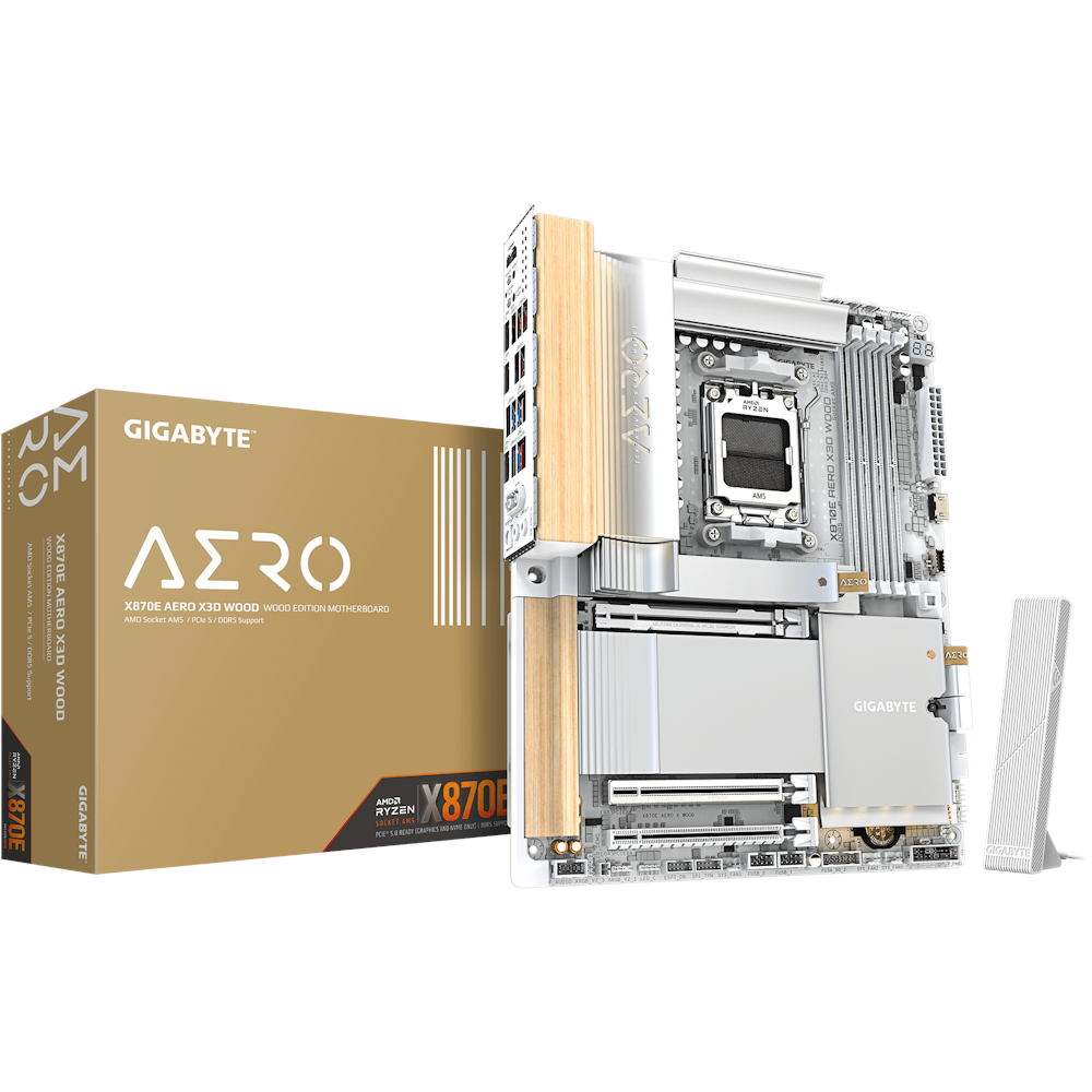 A large main feature product image of Gigabyte X870E Aero X3D Wood AM5 ATX Desktop Motherboard