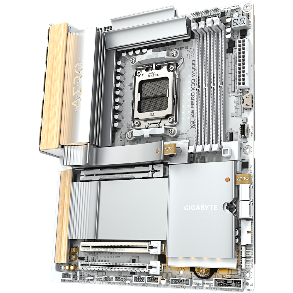 A large main feature product image of Gigabyte X870E Aero X3D Wood AM5 ATX Desktop Motherboard