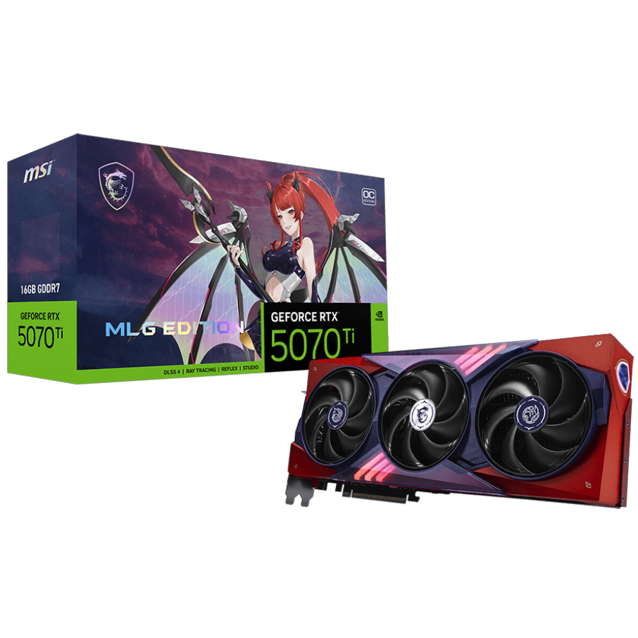 A large main feature product image of MSI GeForce RTX 5070 Ti Gaming Trio OC 16GB GDDR7 - MLG Edition