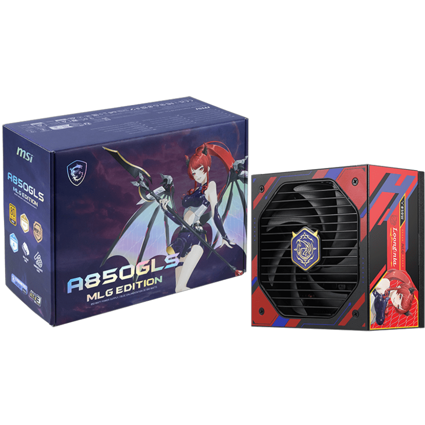 A large main feature product image of MSI MAG A850GLS - 850W Gold PCIe 5.1 ATX Modular PSU- MLG Edition