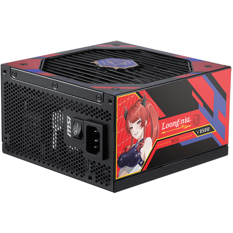 A large main feature product image of MSI MAG A850GLS - 850W Gold PCIe 5.1 ATX Modular PSU- MLG Edition