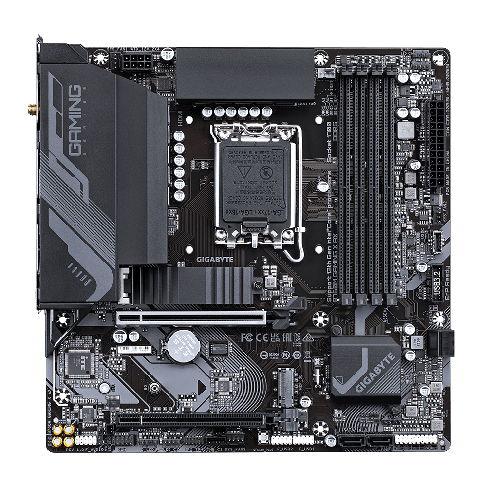 A large main feature product image of EX-DEMO Gigabyte B760M Gaming X AX LGA1700 mATX Desktop Motherboard