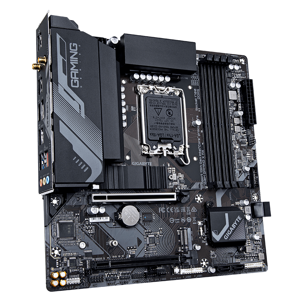 A large main feature product image of EX-DEMO Gigabyte B760M Gaming X AX LGA1700 mATX Desktop Motherboard