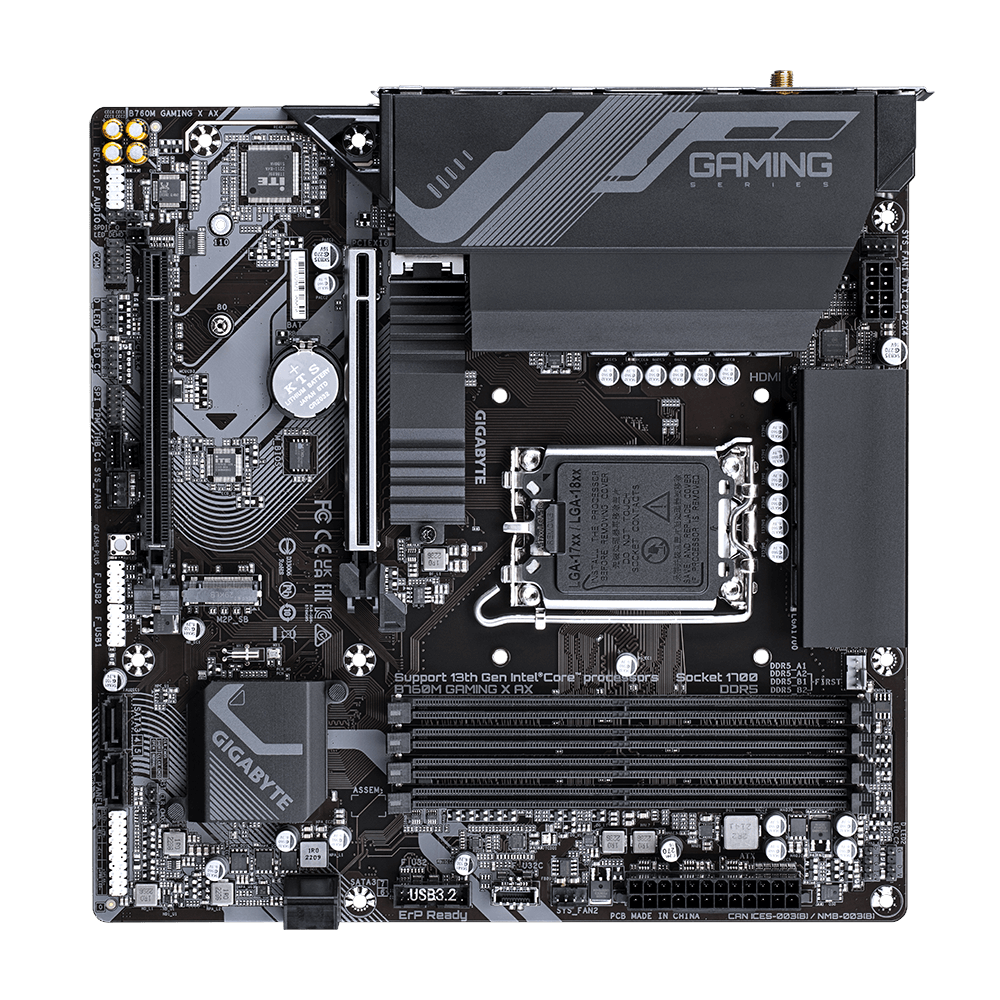 A large main feature product image of EX-DEMO Gigabyte B760M Gaming X AX LGA1700 mATX Desktop Motherboard