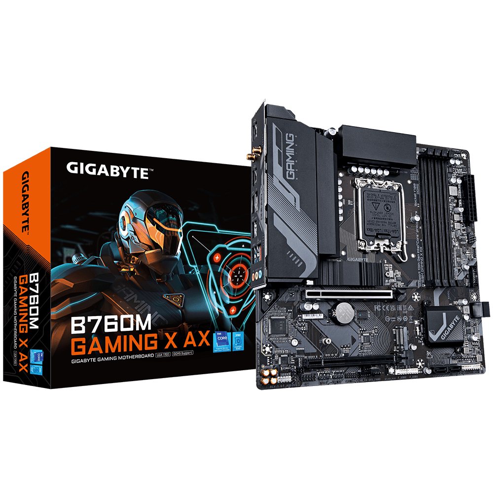 A large main feature product image of EX-DEMO Gigabyte B760M Gaming X AX LGA1700 mATX Desktop Motherboard