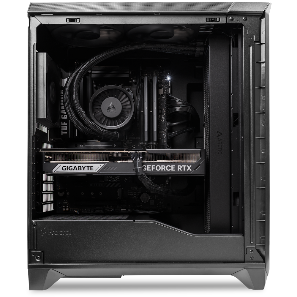 A large main feature product image of PLE Blackout RTX 5080 Prebuilt Ready to go Gaming PC