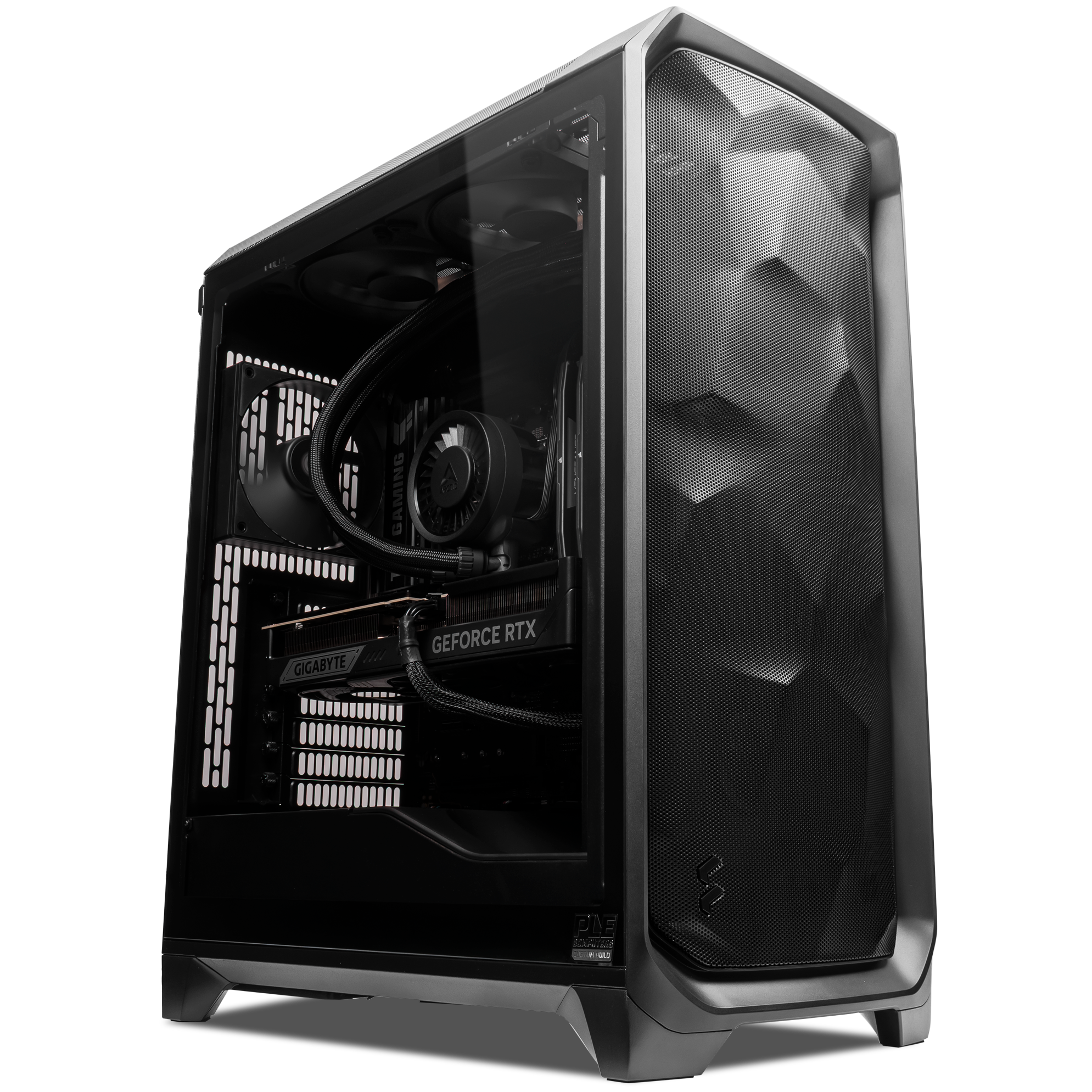 A large main feature product image of PLE Blackout RTX 5080 Prebuilt Ready to go Gaming PC