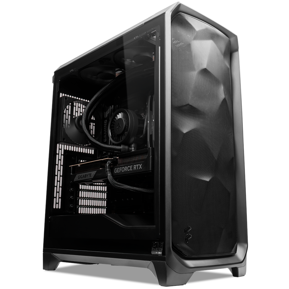 A large main feature product image of PLE Blackout RTX 5080 Prebuilt Ready to go Gaming PC