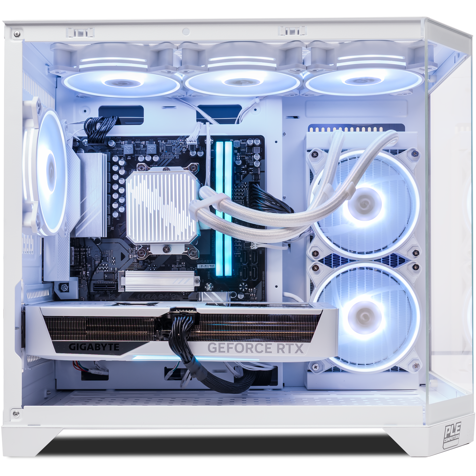 A large main feature product image of PLE Glacier RTX 5070 Prebuilt Ready To Go Gaming PC