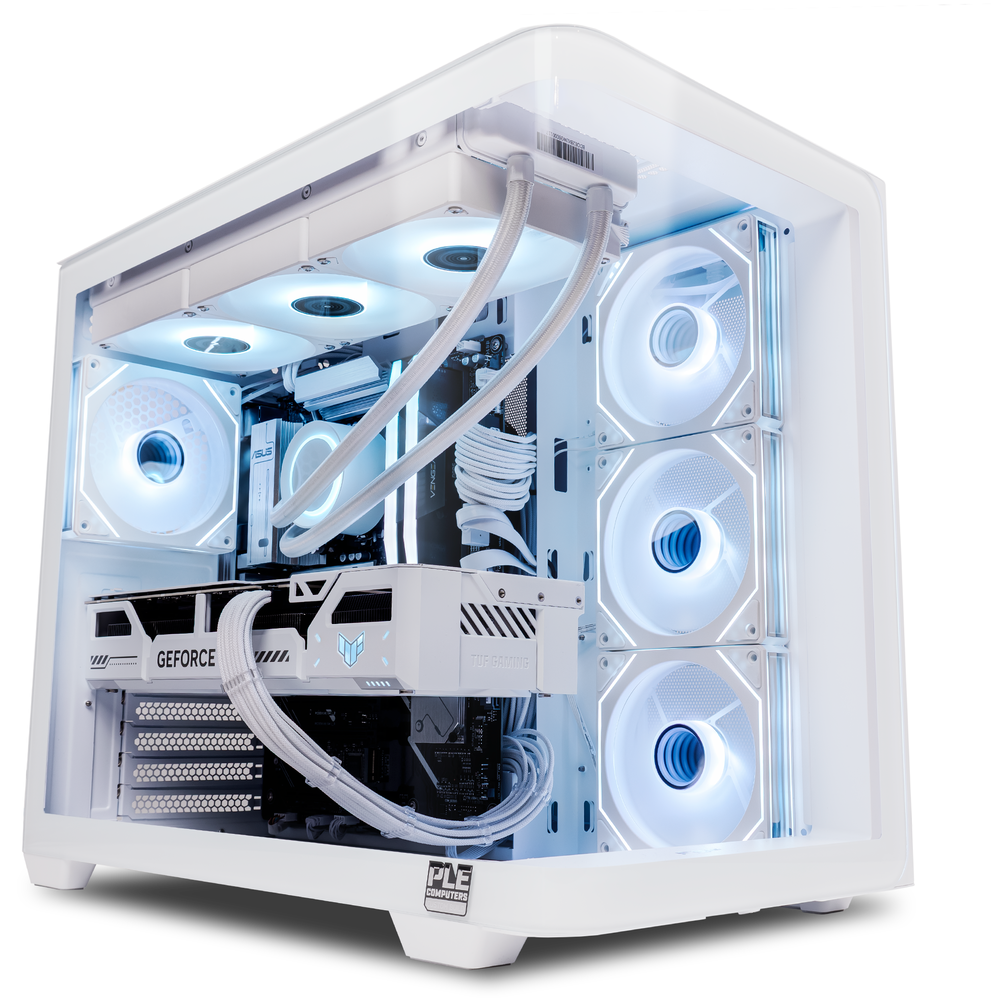 A large main feature product image of PLE Blizzard RTX 5070 Ti Prebuilt Ready To Go Gaming PC