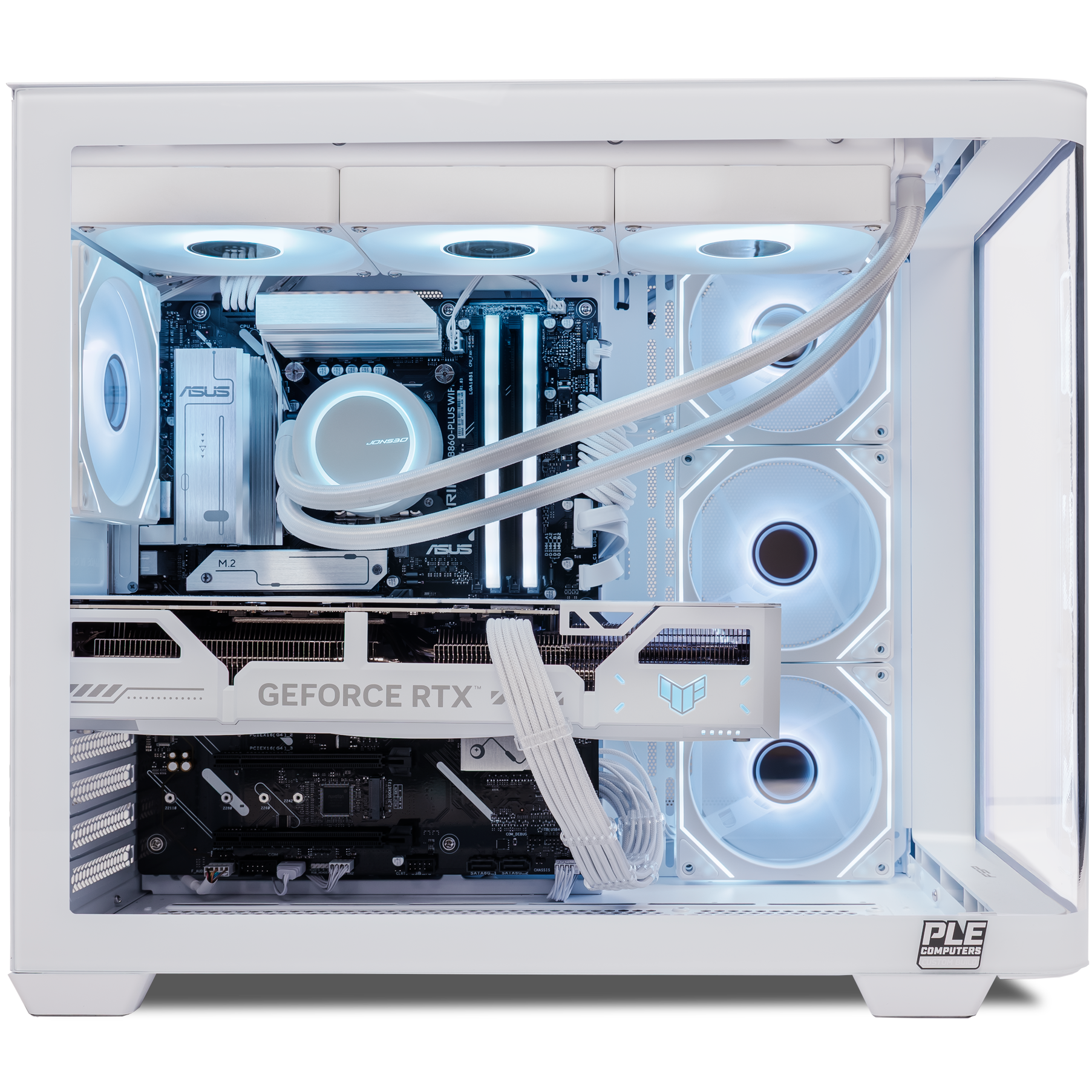 A large main feature product image of PLE Blizzard RTX 5070 Ti Prebuilt Ready To Go Gaming PC