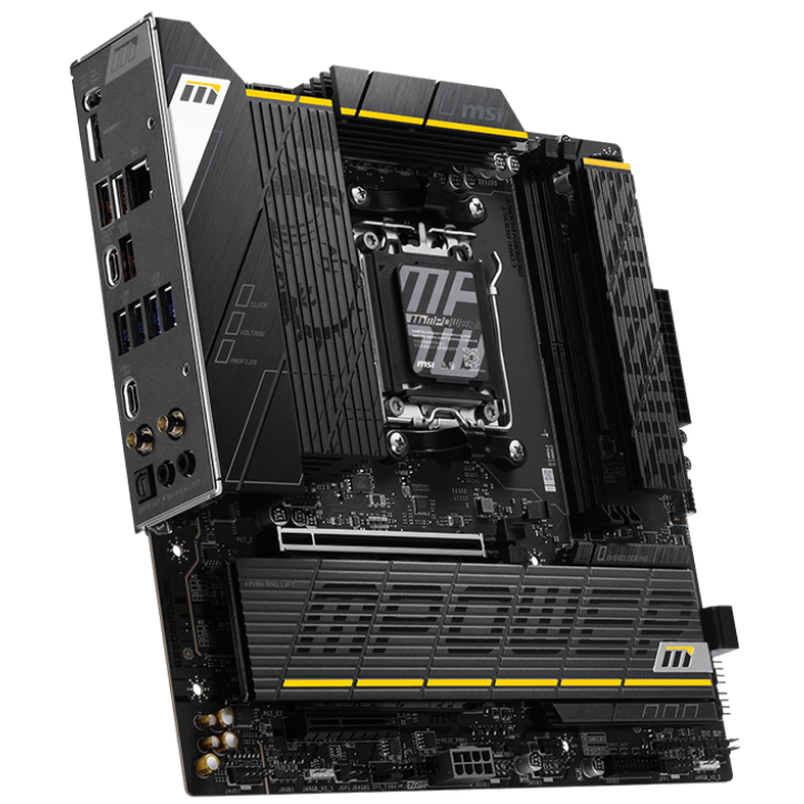 A large main feature product image of MSI B850 MPOWER AM5 mATX Desktop Motherboard
