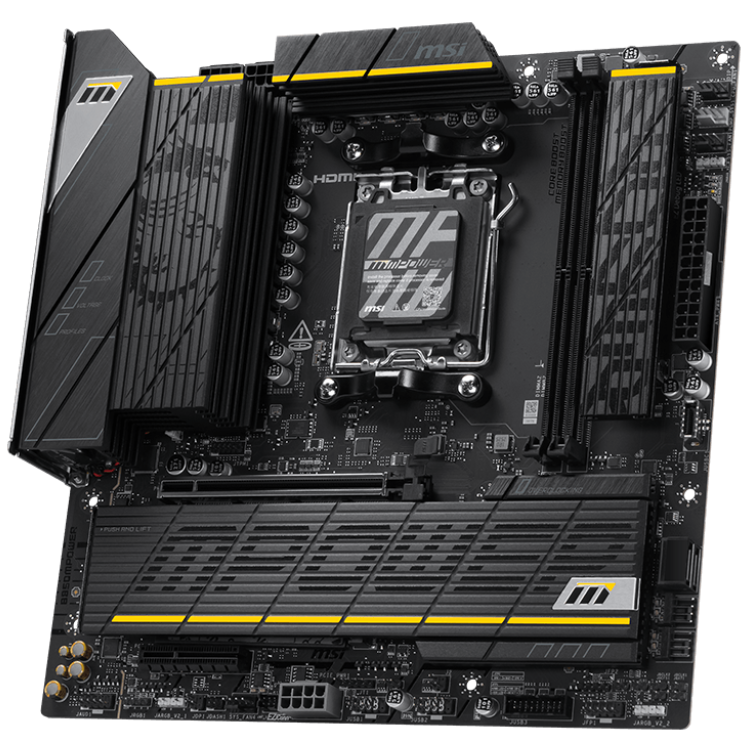 A large main feature product image of MSI B850 MPOWER AM5 mATX Desktop Motherboard