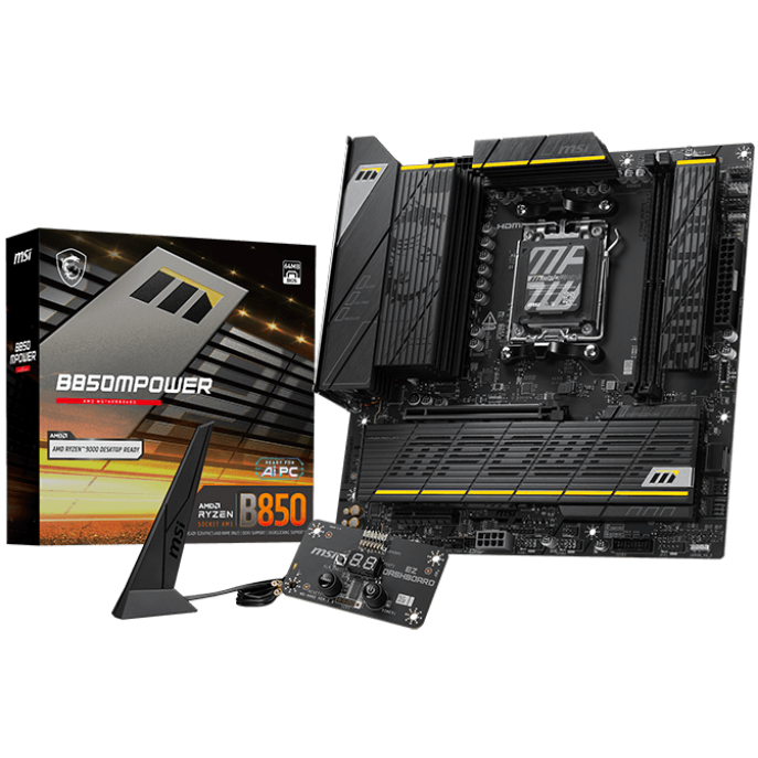 A large main feature product image of MSI B850 MPOWER AM5 mATX Desktop Motherboard