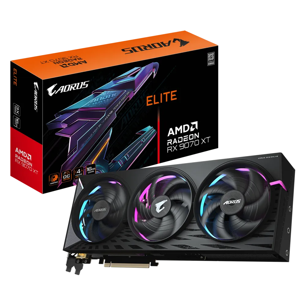A large main feature product image of EX-DEMO Gigabyte AORUS Radeon RX 9070 XT ELITE 16GB GDDR6