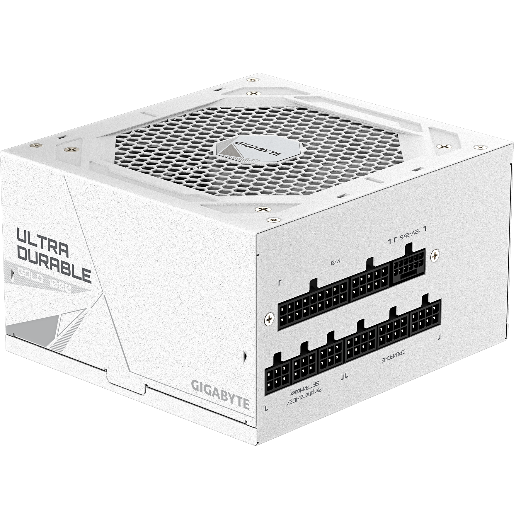 A large main feature product image of Gigabyte UD1000GM - 1000W Gold PCIe 5.0 ATX Modular PSU - White