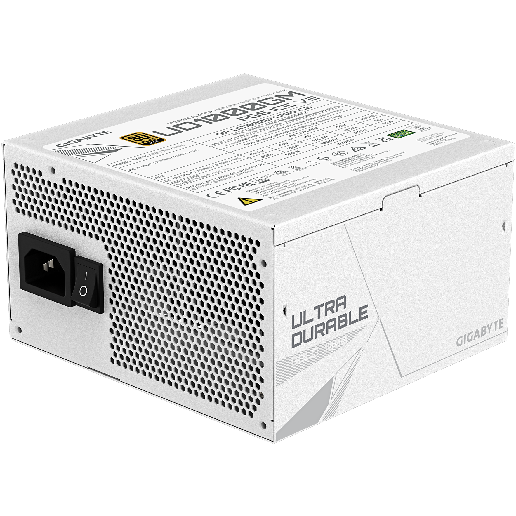 A large main feature product image of Gigabyte UD1000GM - 1000W Gold PCIe 5.0 ATX Modular PSU - White
