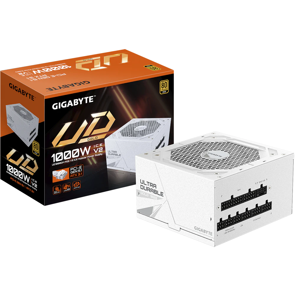 A large main feature product image of Gigabyte UD1000GM PG5 ICE 1000W Gold PCIe 5.1 ATX 3.1 Modular PSU - White