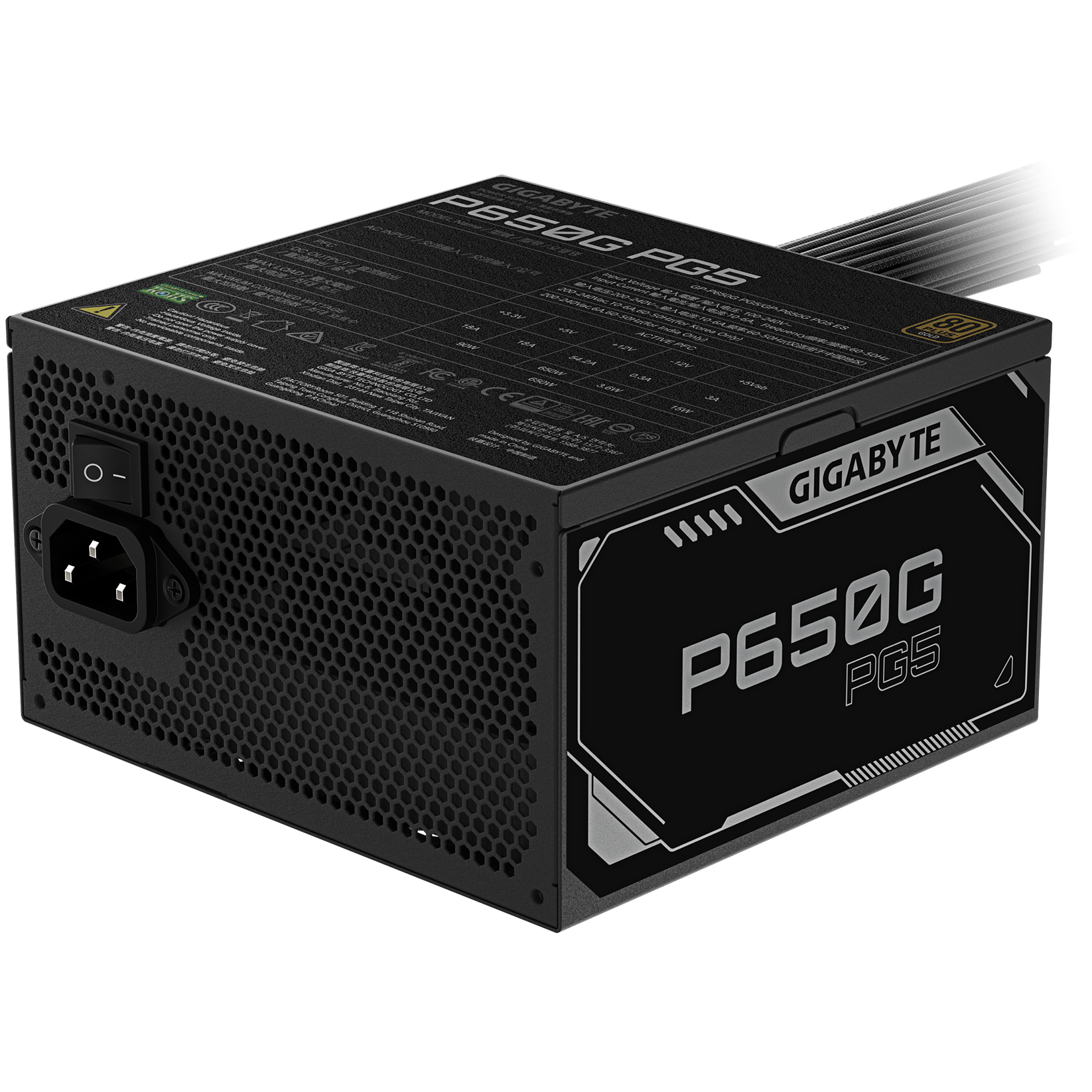 A large main feature product image of Gigabyte GP-P650G PG5 - 650W Gold PCIe 5.1 ATX Modular PSU