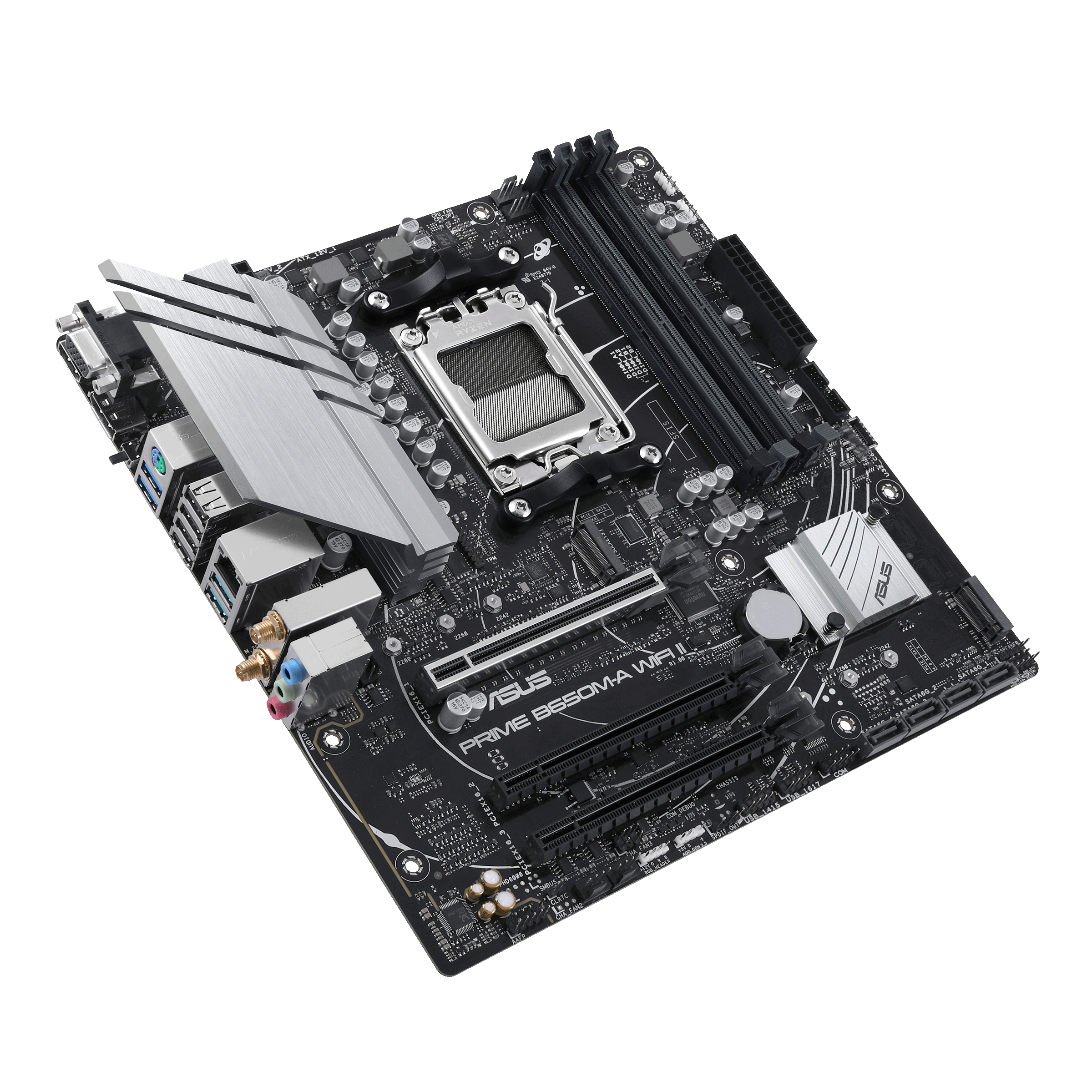 A large main feature product image of EX-DEMO ASUS PRIME B650M-A WIFI II CSM AM5 DDR5 mATX Desktop Motherboard