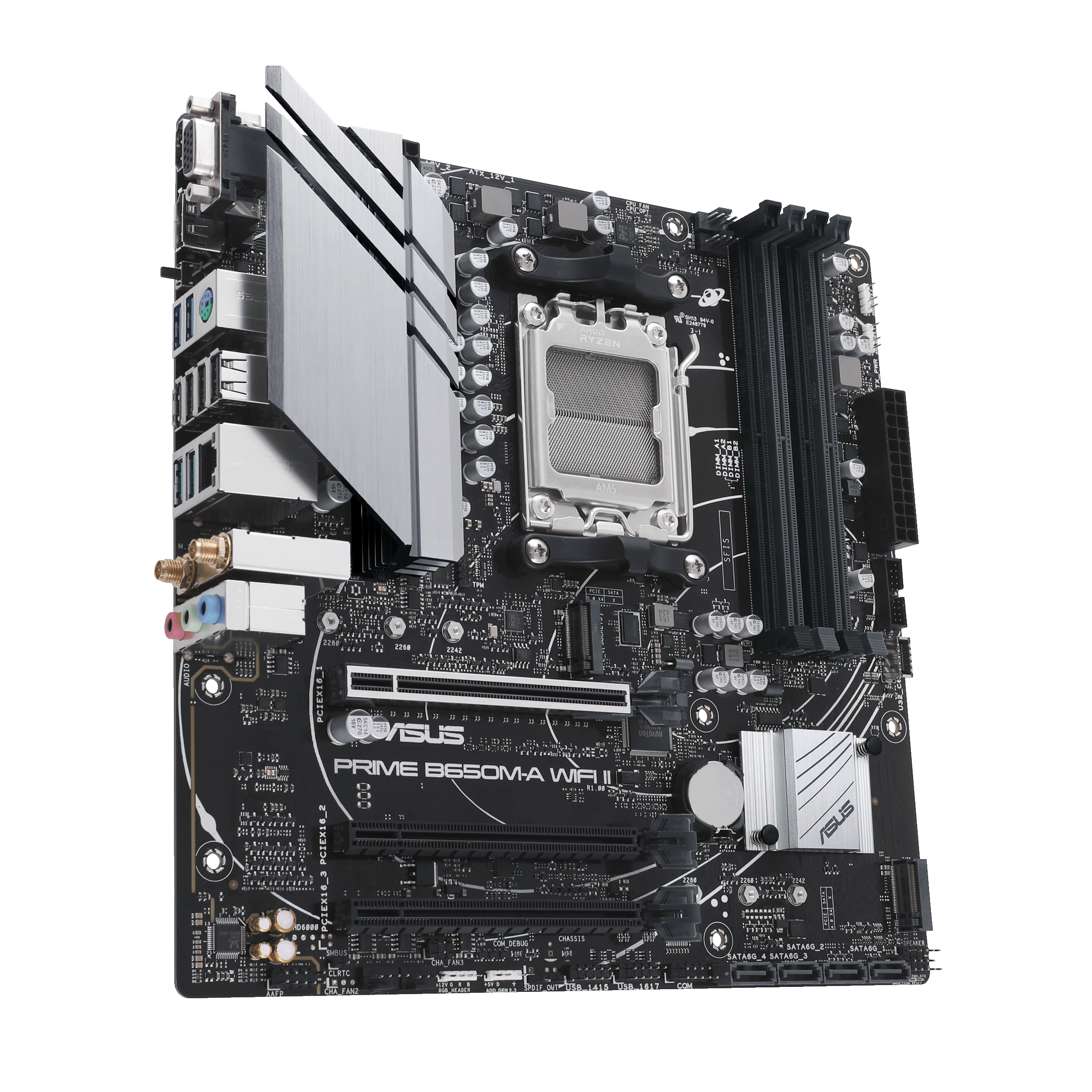 A large main feature product image of EX-DEMO ASUS PRIME B650M-A WIFI II CSM AM5 DDR5 mATX Desktop Motherboard