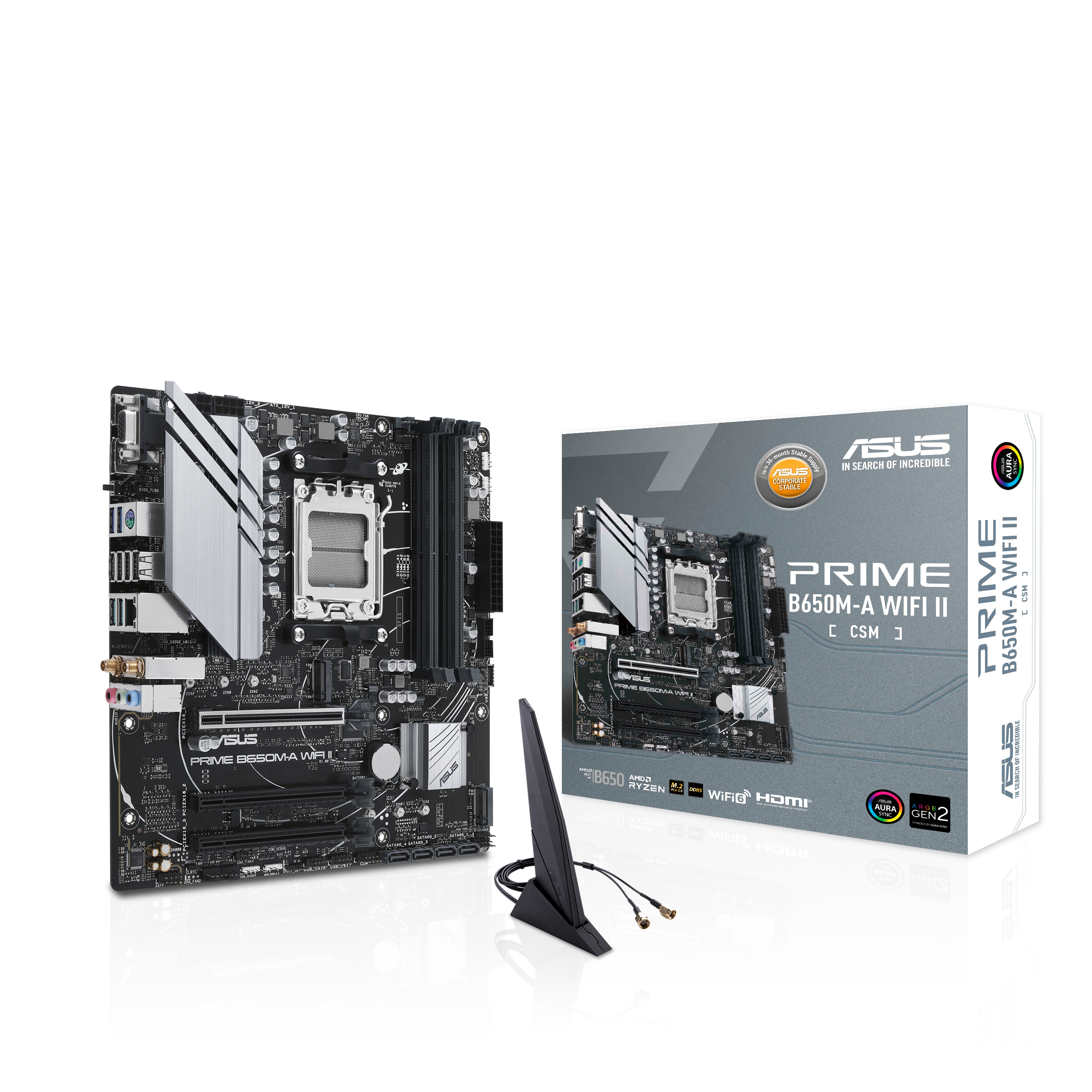 A large main feature product image of EX-DEMO ASUS PRIME B650M-A WIFI II CSM AM5 DDR5 mATX Desktop Motherboard