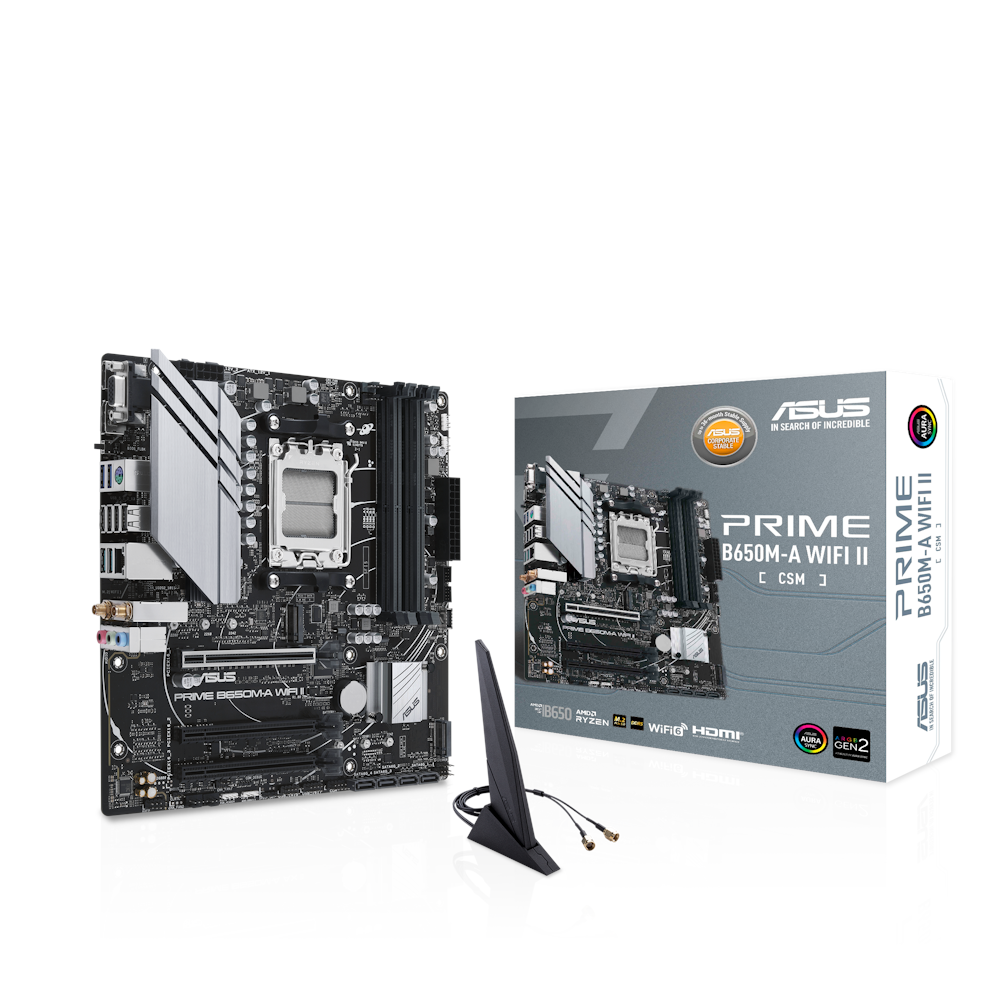 A large main feature product image of EX-DEMO ASUS PRIME B650M-A WIFI II CSM AM5 DDR5 mATX Desktop Motherboard
