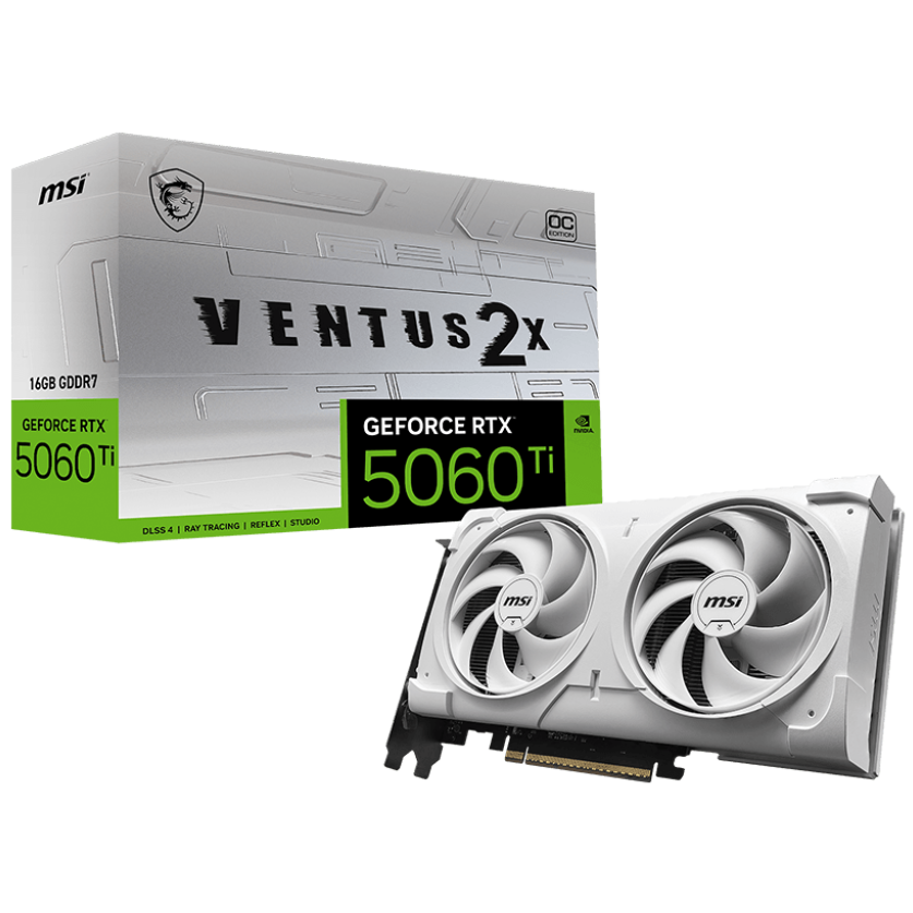 A large main feature product image of MSI GeForce RTX 5060 Ti Ventus 2X OC White Plus 16GB GDDR7