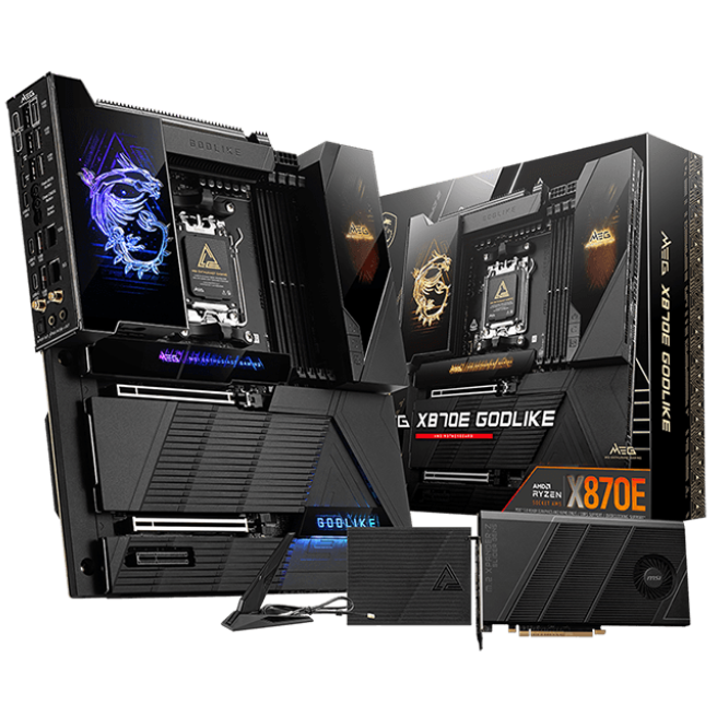 A large main feature product image of MSI MEG X870E GODLIKE AM5 eATX Desktop Motherboard