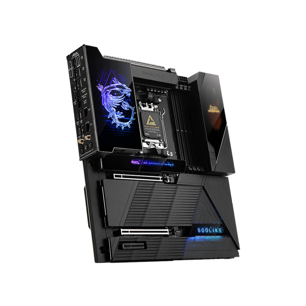 A large main feature product image of MSI MEG X870E GODLIKE AM5 eATX Desktop Motherboard