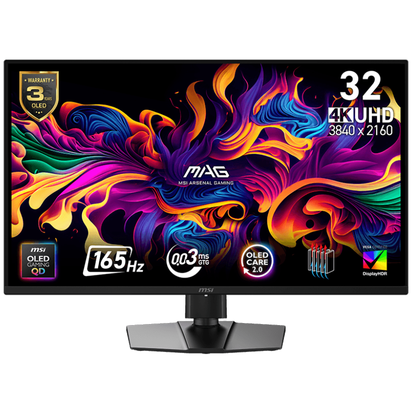 A large main feature product image of EX-DEMO MSI MAG 322UP QD-OLED E16 - 32" 4K 2160p 165Hz 0.03ms  QD-OLED Gaming Monitor