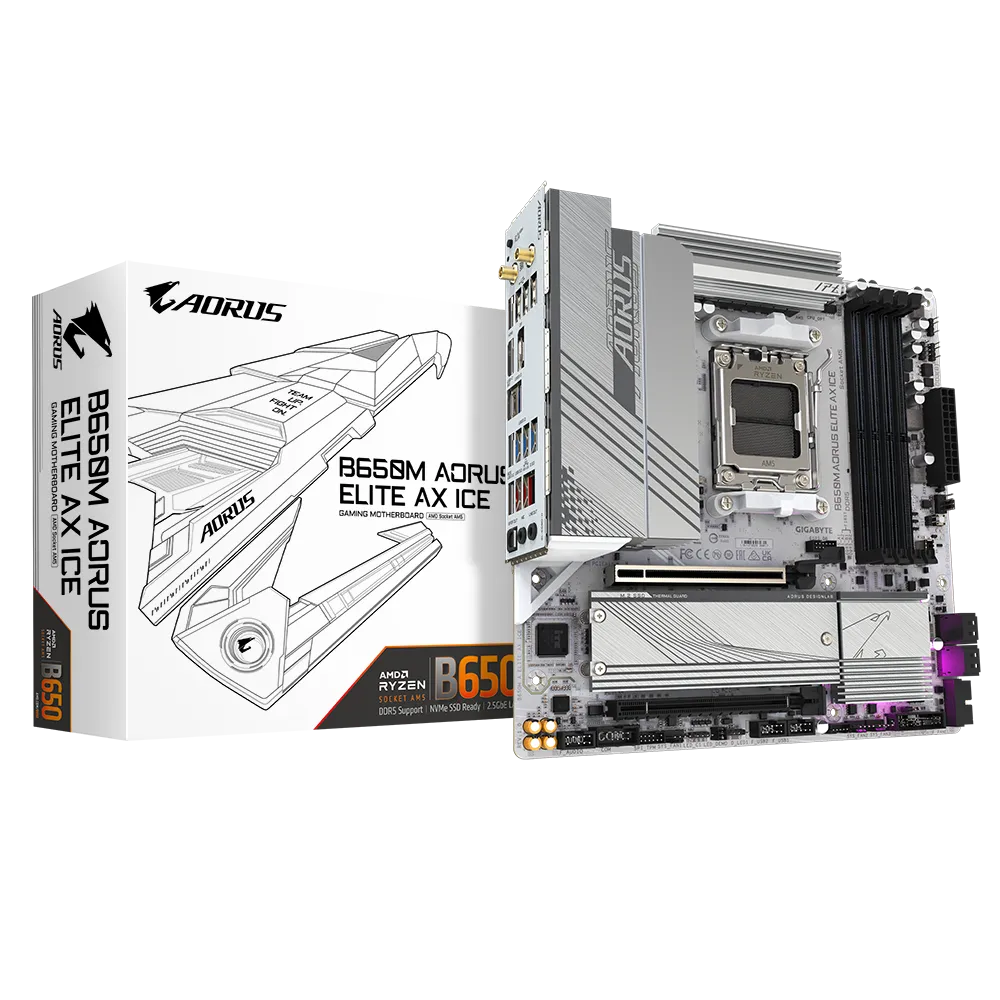 A large main feature product image of EX-DEMO Gigabyte B650M AORUS ELITE AX ICE AM5 mATX Desktop Motherboard