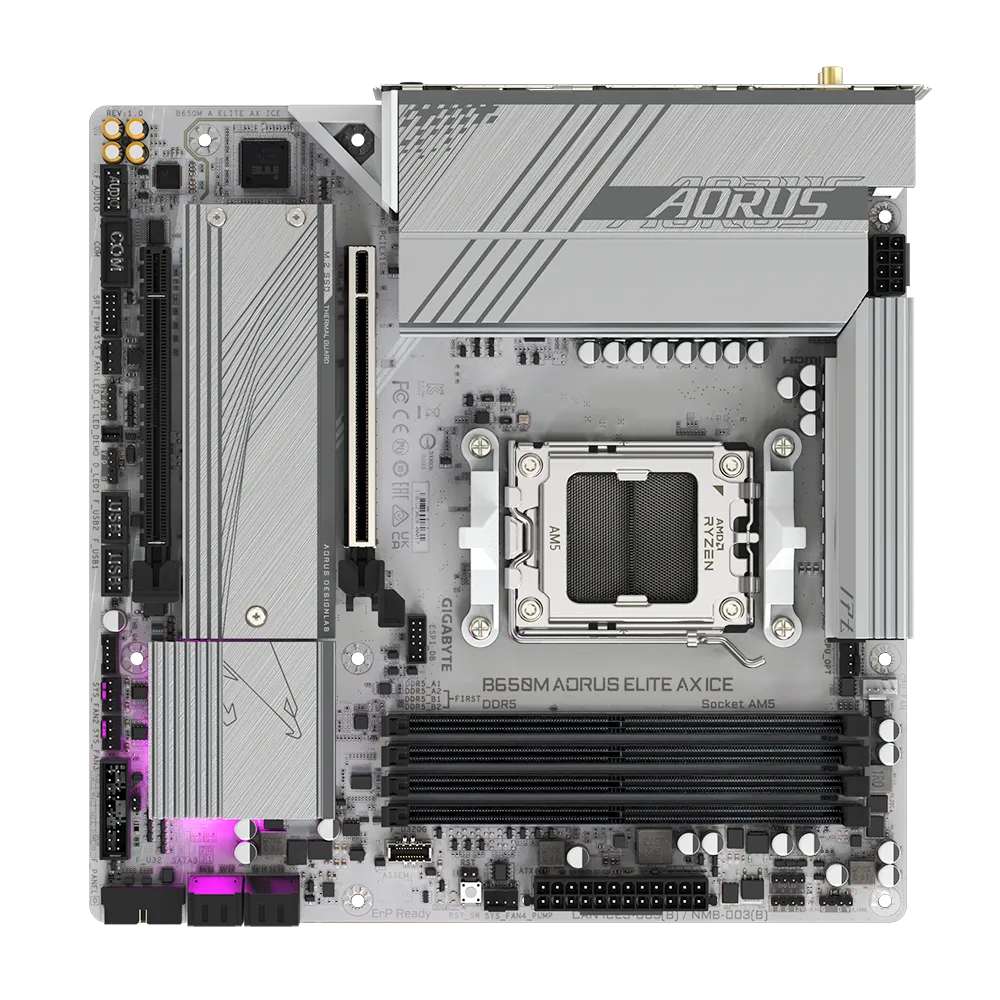A large main feature product image of EX-DEMO Gigabyte B650M AORUS ELITE AX ICE AM5 mATX Desktop Motherboard